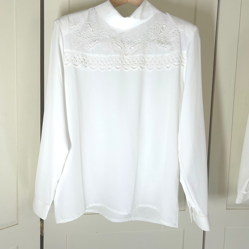 Vintage Blouse Womens 12 White Embroidered Mock Neck Victorian Kathy Lee